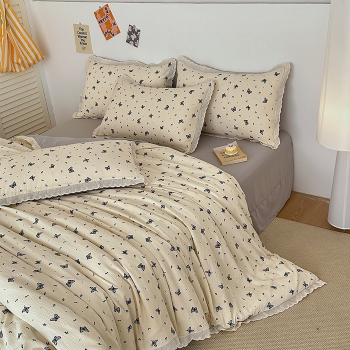 91家纺网 家纺一手货源 找家纺 （总）斯卡诺家纺 2025新款纯棉花边双层纱夏被四件套水洗棉夏被四件套