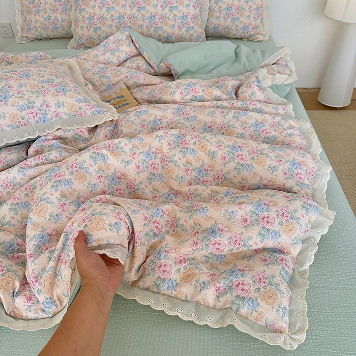 91家纺网 家纺一手货源 找家纺 （总）斯卡诺家纺 2025新款纯棉花边双层纱夏被四件套水洗棉夏被四件套