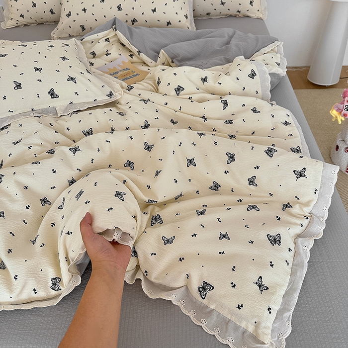 91家纺网 家纺一手货源 找家纺 （总）斯卡诺家纺 2025新款纯棉花边双层纱夏被四件套水洗棉夏被四件套