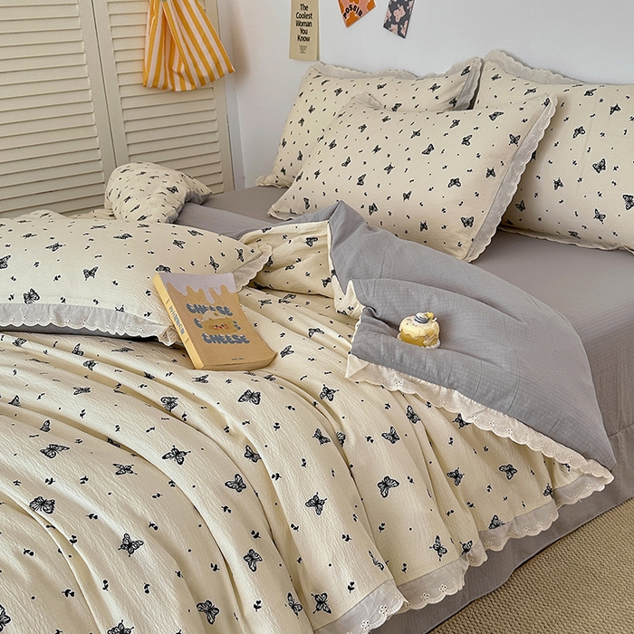 91家纺网 家纺一手货源 找家纺 斯卡诺家纺 2025新款纯棉花边双层纱四件套水洗棉四件套