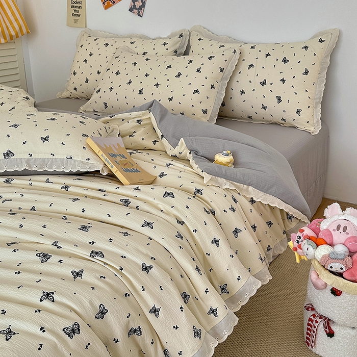 91家纺网 家纺一手货源 找家纺 斯卡诺家纺 2025新款纯棉花边双层纱四件套水洗棉四件套