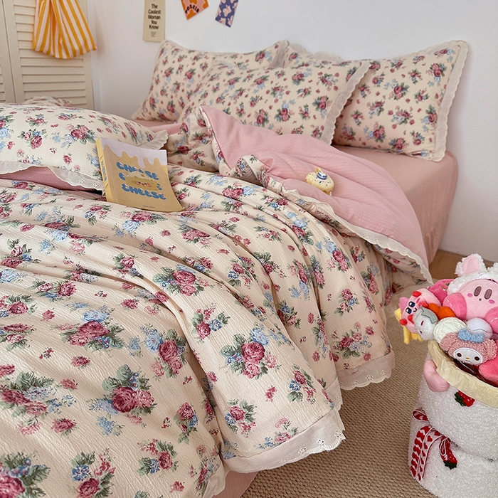 91家纺网 家纺一手货源 找家纺 斯卡诺家纺 2025新款纯棉花边双层纱四件套水洗棉四件套