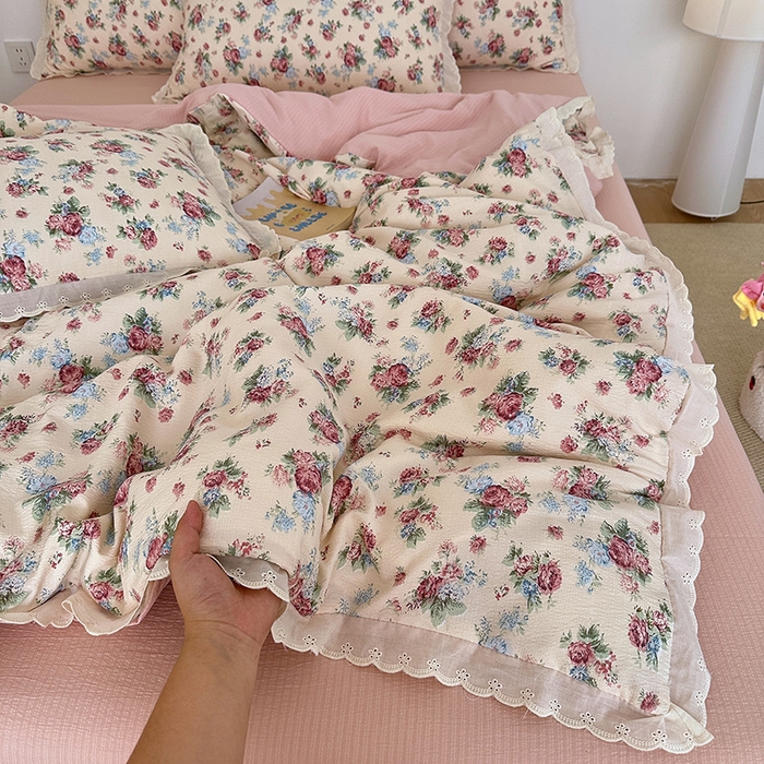 91家纺网 家纺一手货源 找家纺 斯卡诺家纺 2025新款纯棉花边双层纱四件套水洗棉四件套