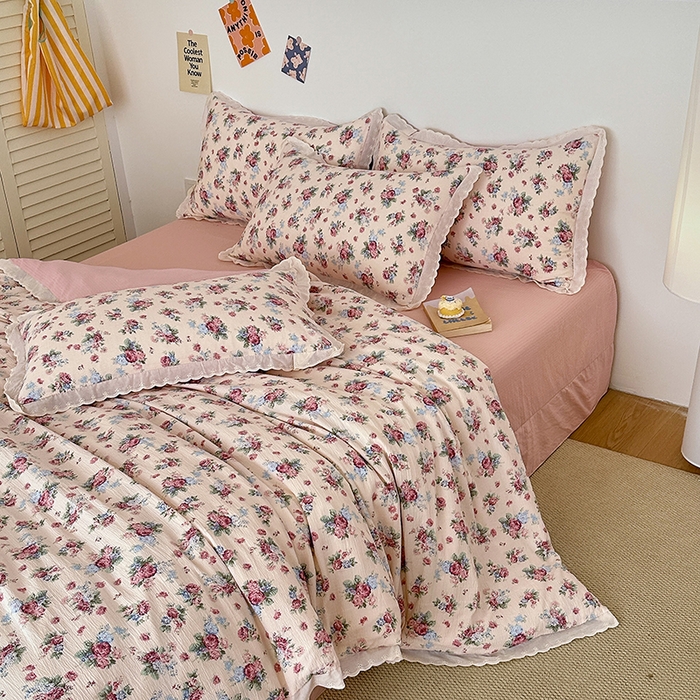 91家纺网 家纺一手货源 找家纺 斯卡诺家纺 2025新款纯棉花边双层纱四件套水洗棉四件套