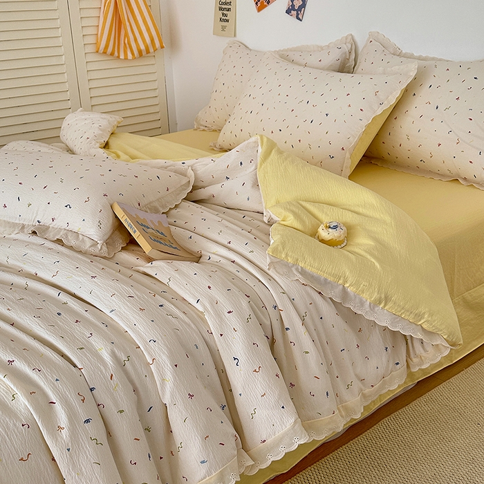 91家纺网 家纺一手货源 找家纺 斯卡诺家纺 2025新款纯棉花边双层纱四件套水洗棉四件套