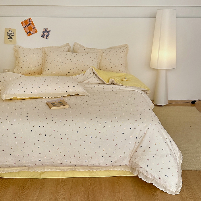 91家纺网 家纺一手货源 找家纺 斯卡诺家纺 2025新款纯棉花边双层纱四件套水洗棉四件套