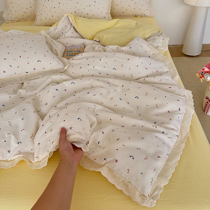 91家纺网 家纺一手货源 找家纺 斯卡诺家纺 2025新款纯棉花边双层纱四件套水洗棉四件套