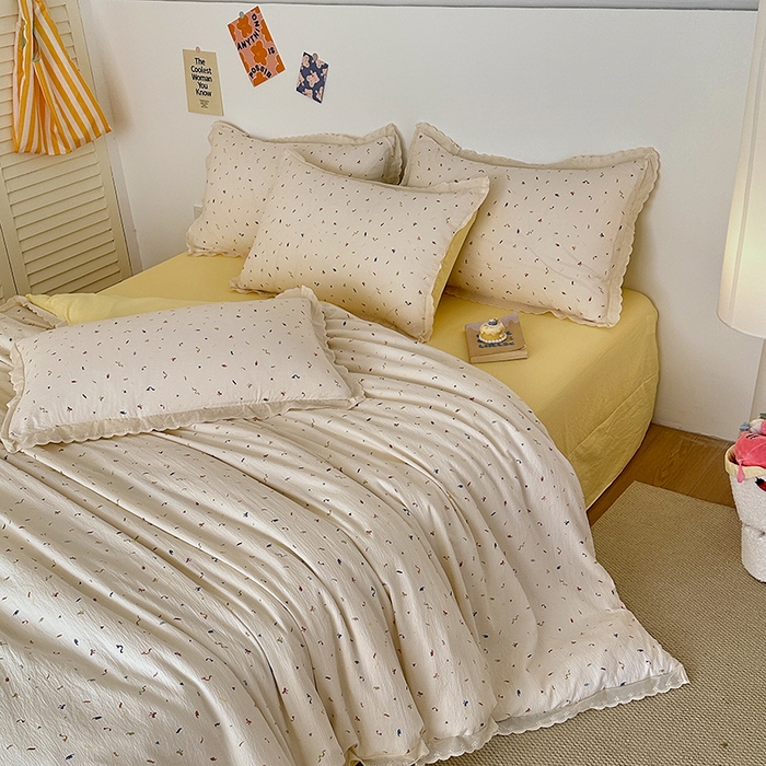 91家纺网 家纺一手货源 找家纺 斯卡诺家纺 2025新款纯棉花边双层纱四件套水洗棉四件套