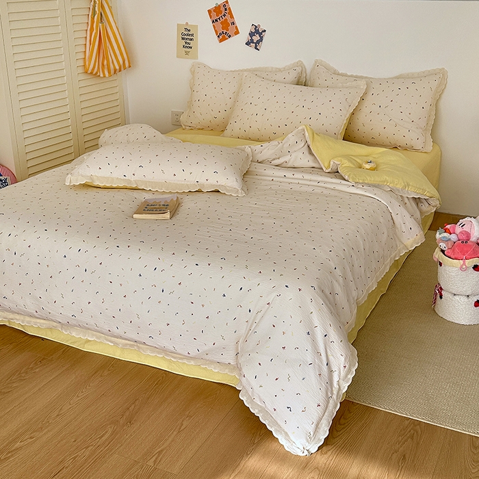 91家纺网 家纺一手货源 找家纺 斯卡诺家纺 2025新款纯棉花边双层纱四件套水洗棉四件套