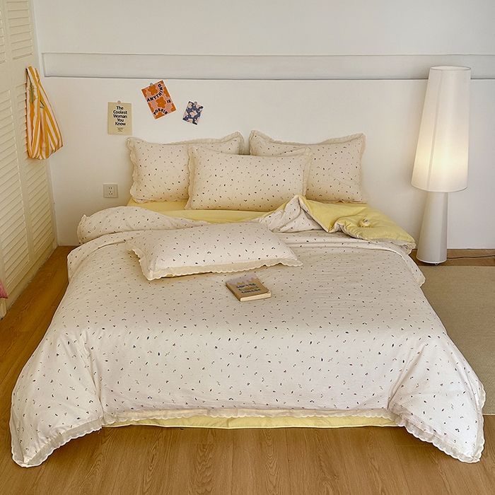 91家纺网 家纺一手货源 找家纺 斯卡诺家纺 2025新款纯棉花边双层纱四件套水洗棉四件套