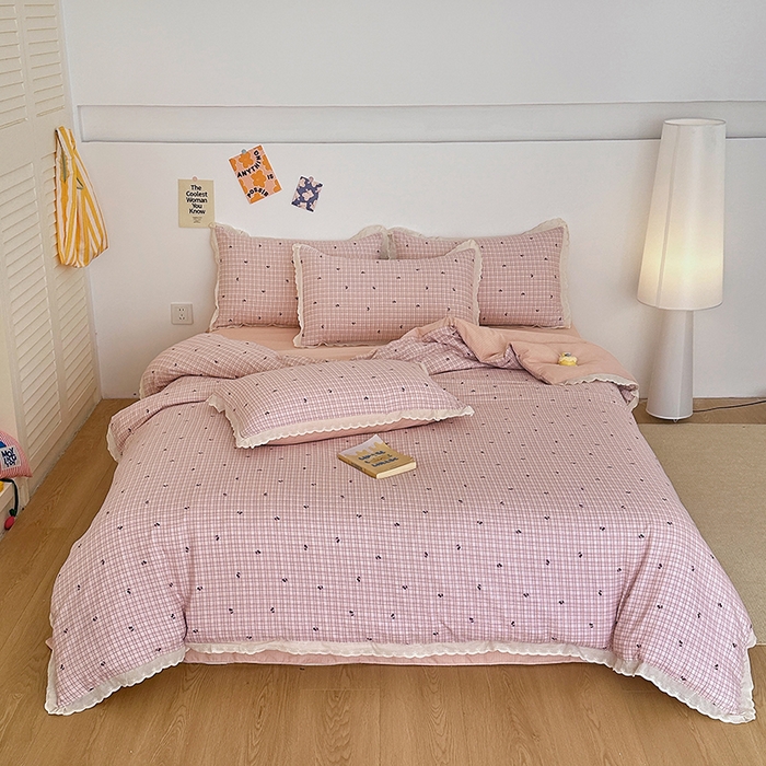 91家纺网 家纺一手货源 找家纺 斯卡诺家纺 2025新款纯棉花边双层纱四件套水洗棉四件套