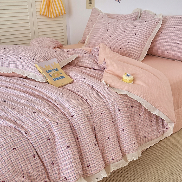 91家纺网 家纺一手货源 找家纺 斯卡诺家纺 2025新款纯棉花边双层纱四件套水洗棉四件套