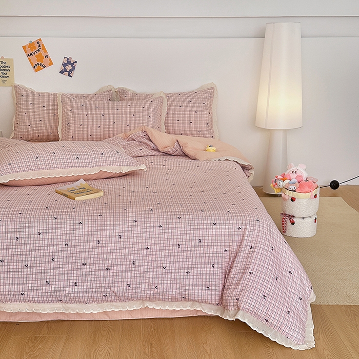 91家纺网 家纺一手货源 找家纺 斯卡诺家纺 2025新款纯棉花边双层纱四件套水洗棉四件套