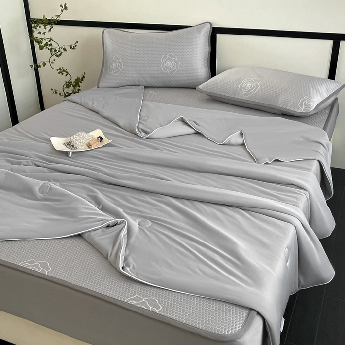 91家纺网 家纺一手货源 找家纺 欧邦2025新款提花冰豆豆床笠款夏被四件套-牡丹系列 牡丹-高级灰