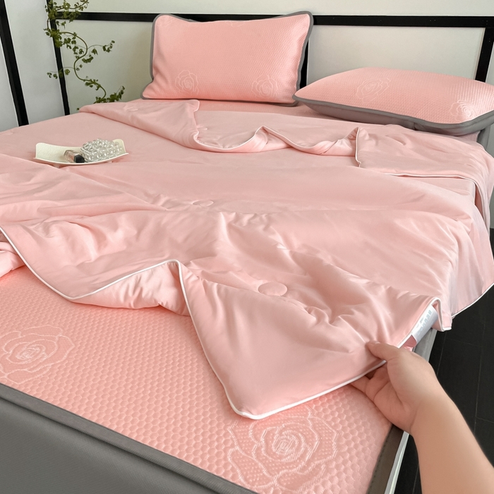 91家纺网 家纺一手货源 找家纺 欧邦2025新款提花冰豆豆床笠款夏被四件套-牡丹系列 牡丹-粉玉