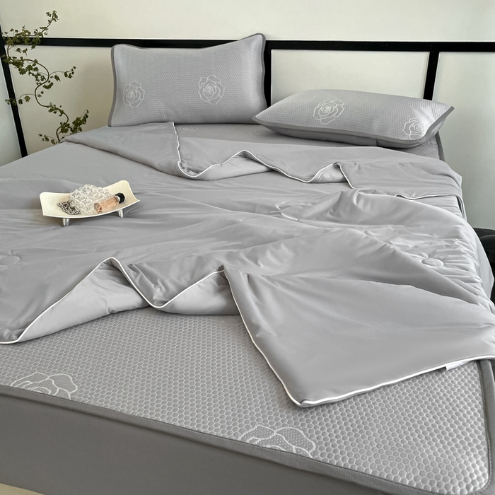 91家纺网 家纺一手货源 找家纺 欧邦2025新款提花冰豆豆床笠款夏被四件套-牡丹系列 牡丹-高级灰