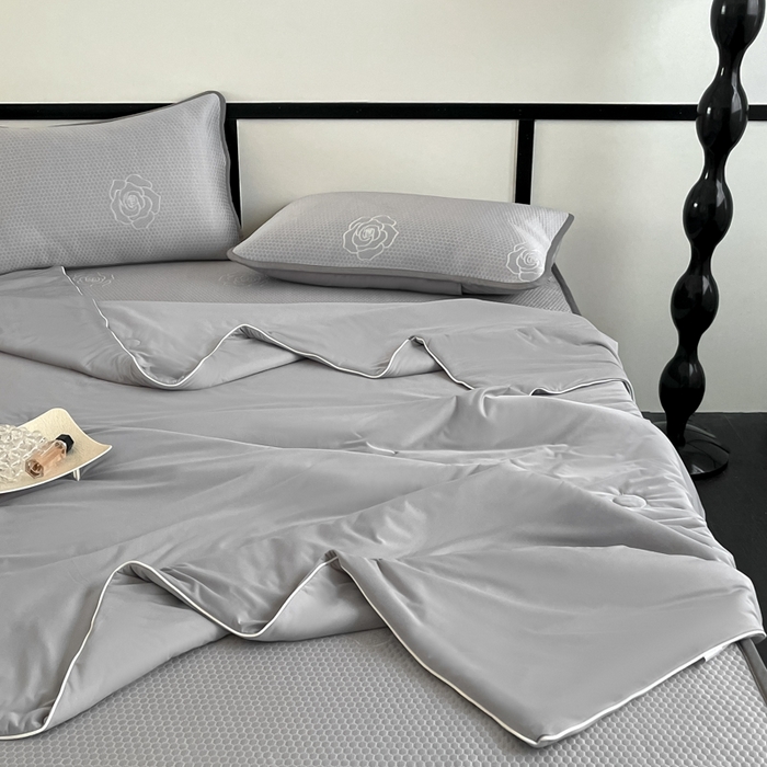 91家纺网 家纺一手货源 找家纺 欧邦2025新款提花冰豆豆床笠款夏被四件套-牡丹系列 牡丹-高级灰