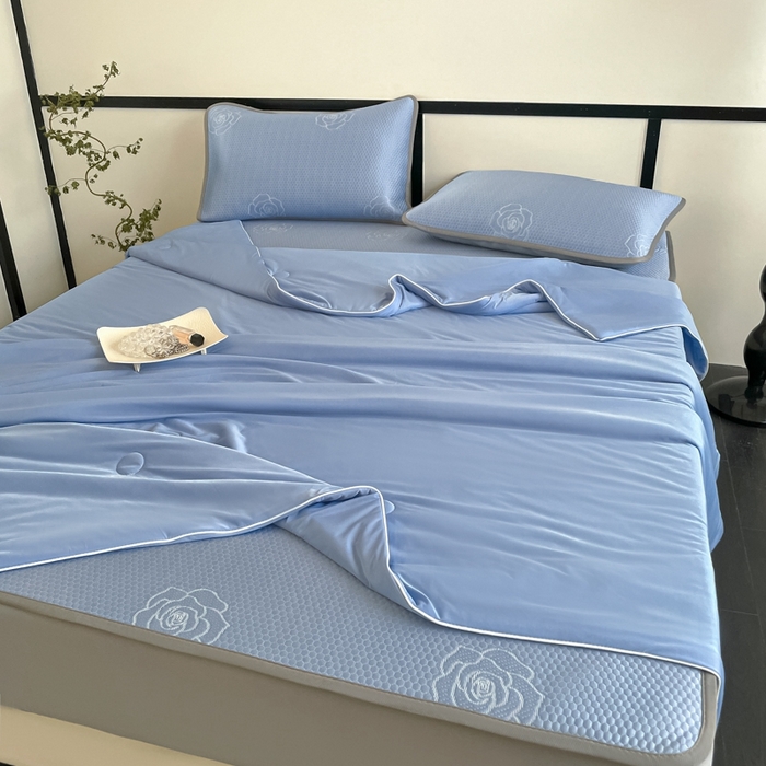 91家纺网 家纺一手货源 找家纺 欧邦2025新款提花冰豆豆床笠款夏被四件套-牡丹系列 牡丹-蓝灰