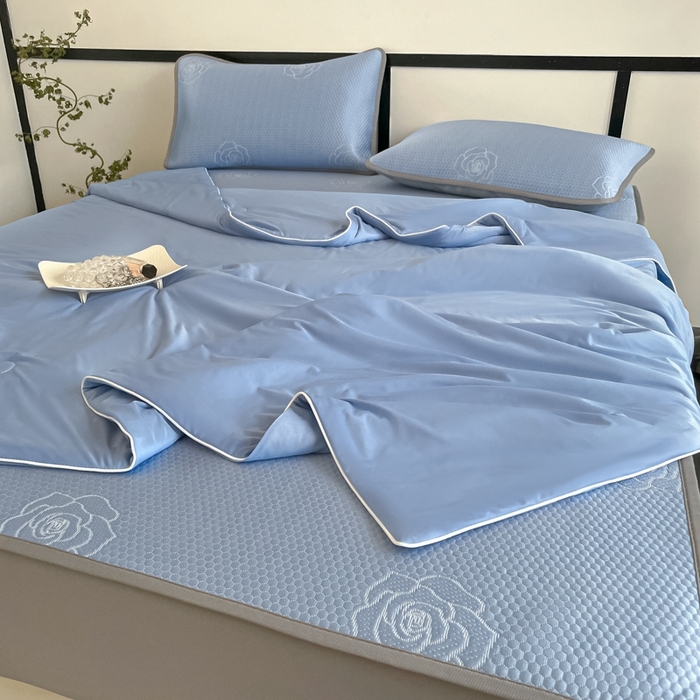 91家纺网 家纺一手货源 找家纺 欧邦2025新款提花冰豆豆床笠款夏被四件套-牡丹系列 牡丹-蓝灰