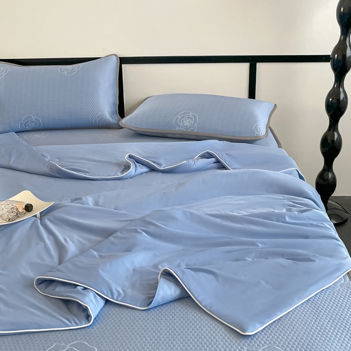 91家纺网 家纺一手货源 找家纺 欧邦2025新款提花冰豆豆床笠款夏被四件套-牡丹系列 牡丹-蓝灰