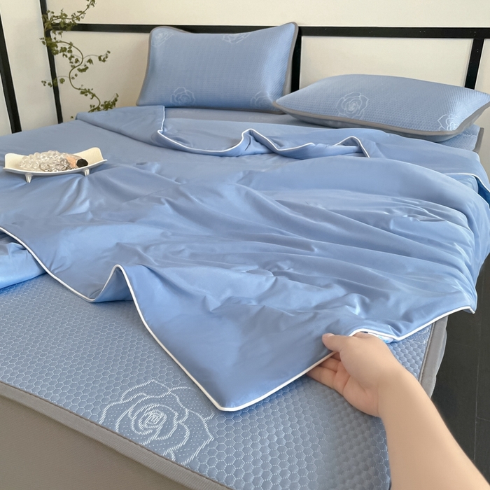91家纺网 家纺一手货源 找家纺 欧邦2025新款提花冰豆豆床笠款夏被四件套-牡丹系列 牡丹-蓝灰
