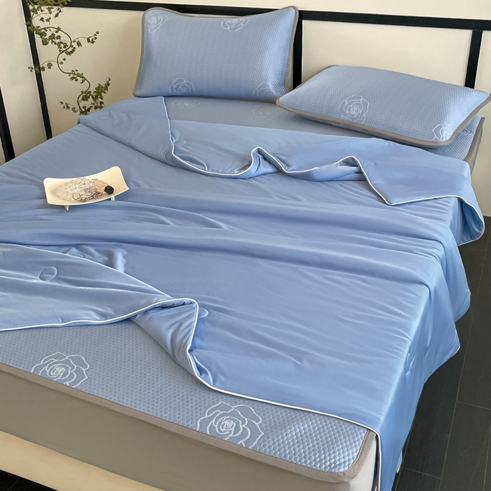 91家纺网 家纺一手货源 找家纺 欧邦2025新款提花冰豆豆床笠款夏被四件套-牡丹系列 牡丹-蓝灰