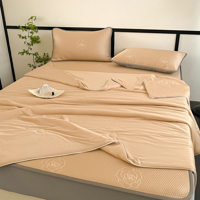 91家纺网 家纺一手货源 找家纺 欧邦2025新款提花冰豆豆床笠款夏被四件套-牡丹系列 牡丹-摩卡咖