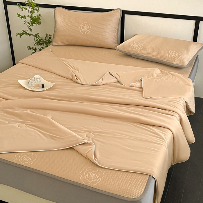 欧邦2025新款提花冰豆豆床笠款夏被四件套-牡丹系列 牡丹-摩卡咖