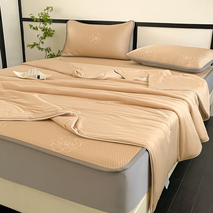 91家纺网 家纺一手货源 找家纺 欧邦2025新款提花冰豆豆床笠款夏被四件套-牡丹系列 牡丹-摩卡咖