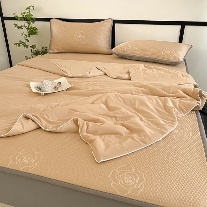 91家纺网 家纺一手货源 找家纺 欧邦2025新款提花冰豆豆床笠款夏被四件套-牡丹系列 牡丹-摩卡咖