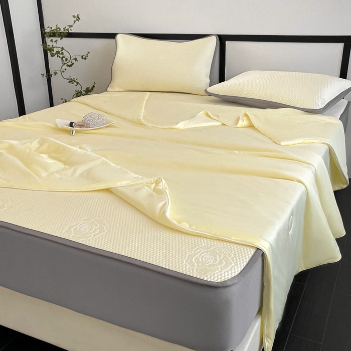 91家纺网 家纺一手货源 找家纺 欧邦2025新款提花冰豆豆床笠款夏被四件套-牡丹系列 牡丹-柠檬黄