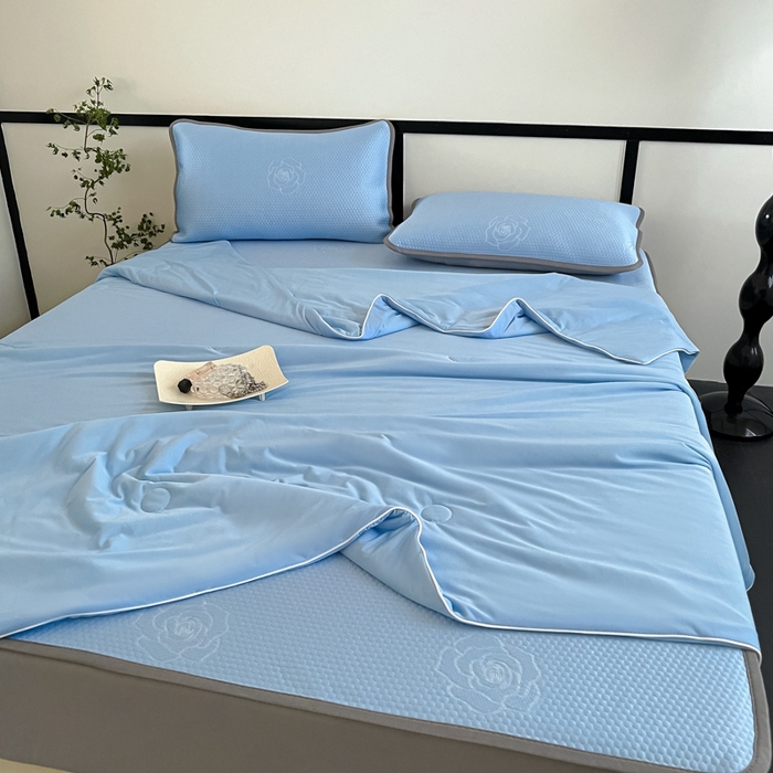 91家纺网 家纺一手货源 找家纺 欧邦2025新款提花冰豆豆床笠款夏被四件套-牡丹系列 牡丹-清雅蓝
