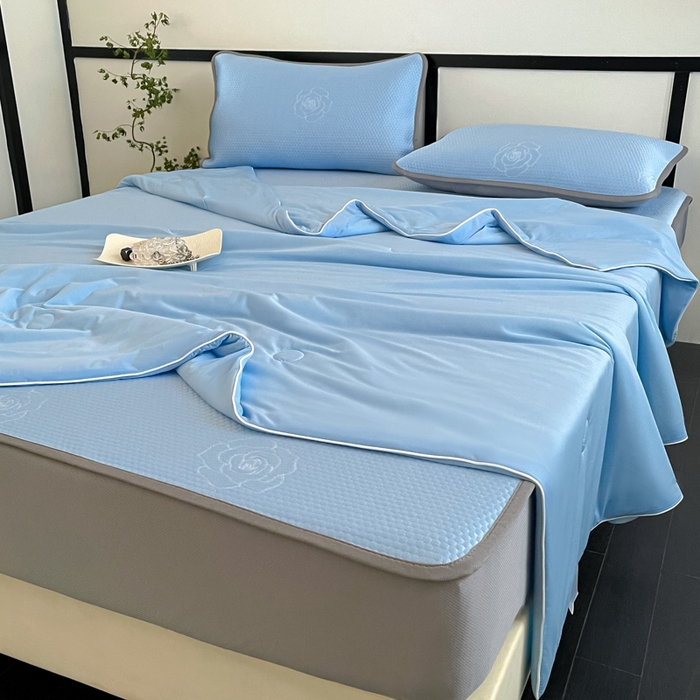 91家纺网 家纺一手货源 找家纺 欧邦2025新款提花冰豆豆床笠款夏被四件套-牡丹系列 牡丹-清雅蓝