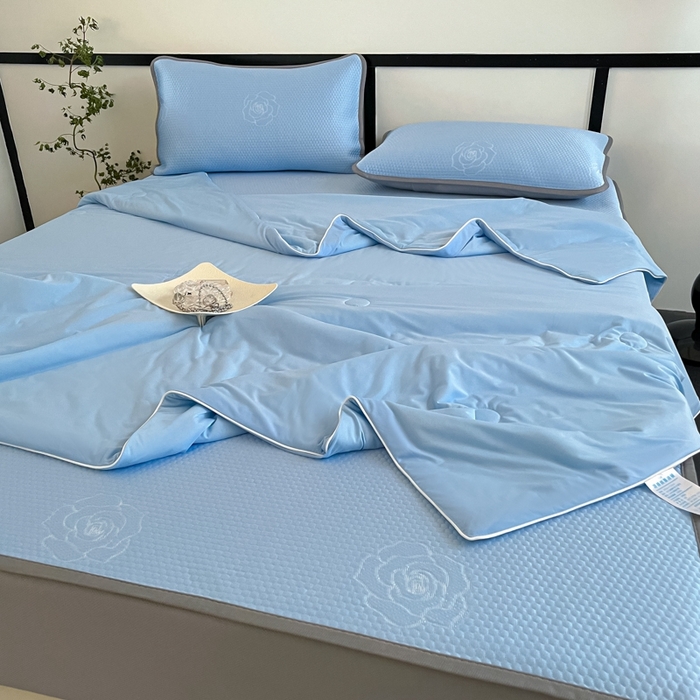 91家纺网 家纺一手货源 找家纺 欧邦2025新款提花冰豆豆床笠款夏被四件套-牡丹系列 牡丹-清雅蓝