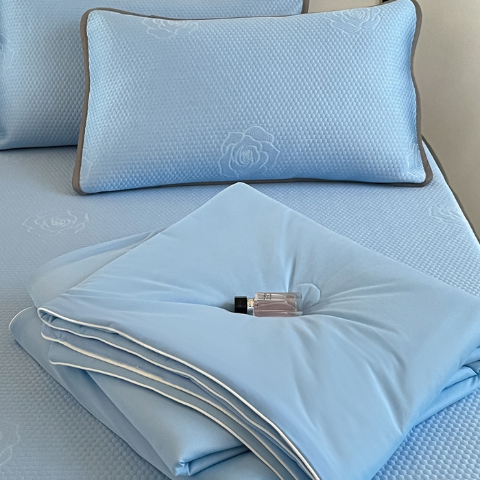 91家纺网 家纺一手货源 找家纺 欧邦2025新款提花冰豆豆床笠款夏被四件套-牡丹系列 牡丹-清雅蓝