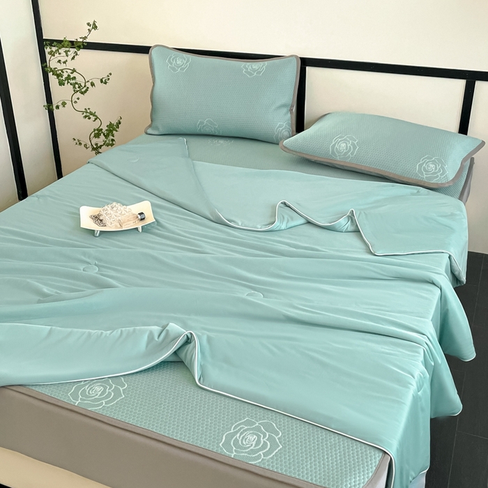 91家纺网 家纺一手货源 找家纺 欧邦2025新款提花冰豆豆床笠款夏被四件套-牡丹系列 牡丹-清雅绿