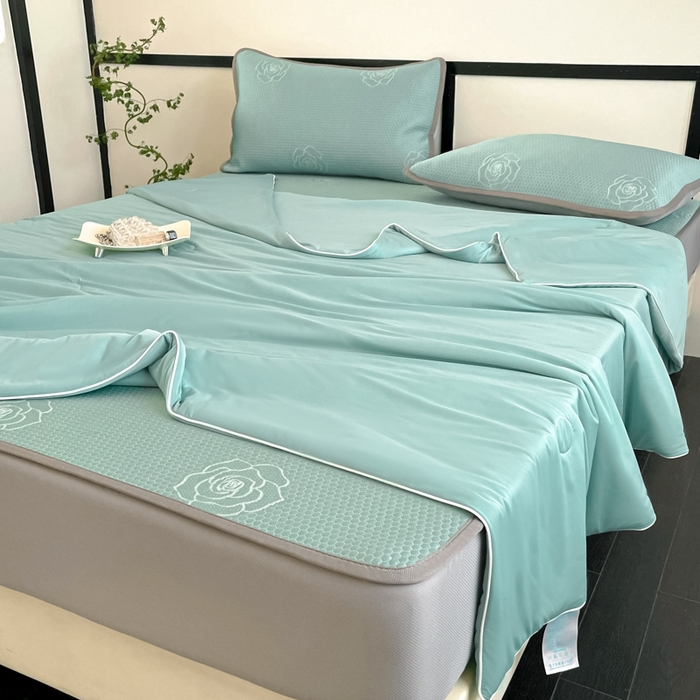 欧邦2025新款提花冰豆豆床笠款夏被四件套-牡丹系列 牡丹-清雅绿
