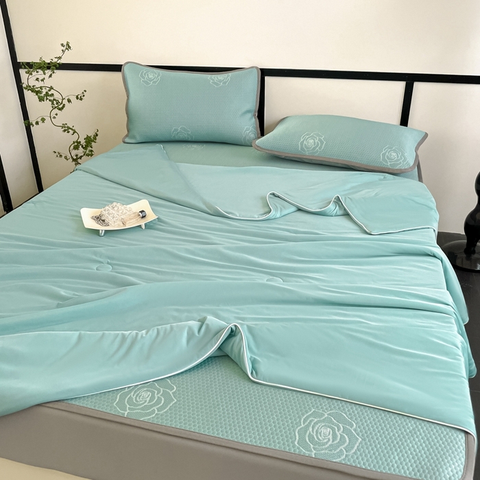 91家纺网 家纺一手货源 找家纺 欧邦2025新款提花冰豆豆床笠款夏被四件套-牡丹系列 牡丹-清雅绿
