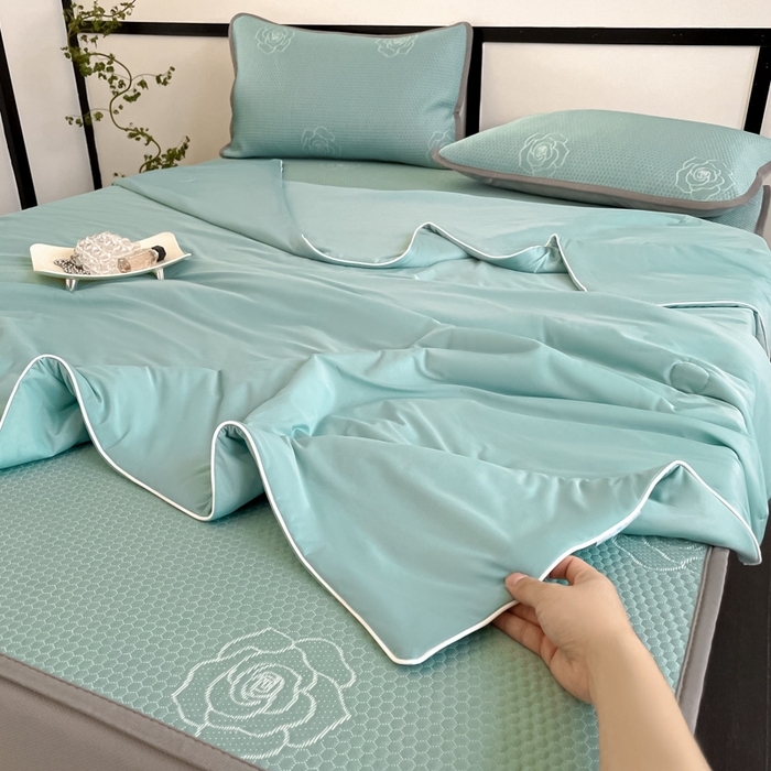 91家纺网 家纺一手货源 找家纺 欧邦2025新款提花冰豆豆床笠款夏被四件套-牡丹系列 牡丹-清雅绿