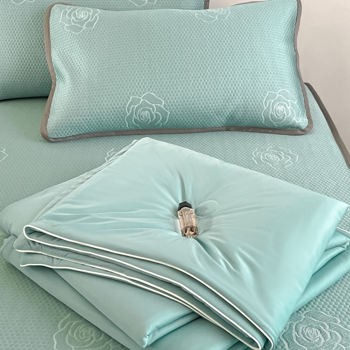 91家纺网 家纺一手货源 找家纺 欧邦2025新款提花冰豆豆床笠款夏被四件套-牡丹系列 牡丹-清雅绿