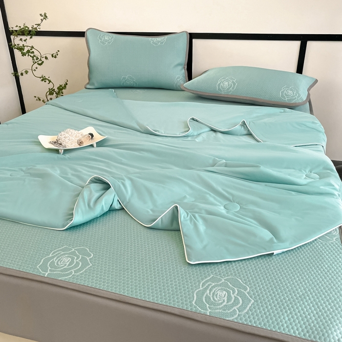 91家纺网 家纺一手货源 找家纺 欧邦2025新款提花冰豆豆床笠款夏被四件套-牡丹系列 牡丹-清雅绿