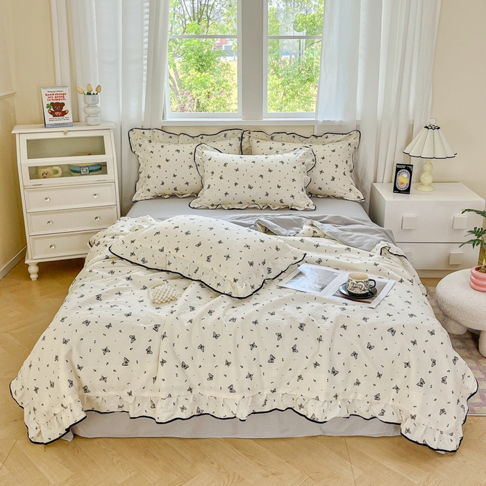 91家纺网 家纺一手货源 找家纺 （总）斯卡诺家纺 2025斯卡诺新款镂空全棉花边水洗棉四件套皱皱棉双层纱四件套