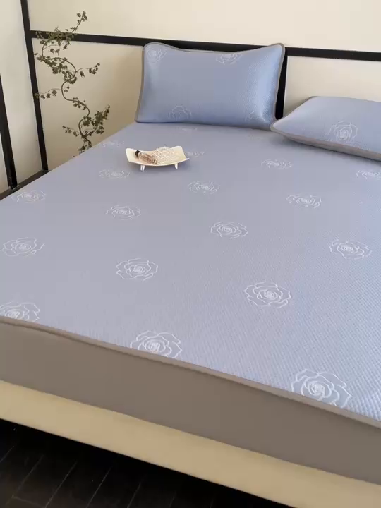 91家纺网 家纺一手货源 找家纺 欧邦2025新款提花冰豆豆床笠款夏被四件套-牡丹系列 牡丹-清雅蓝