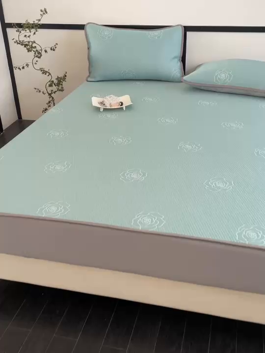 91家纺网 家纺一手货源 找家纺 欧邦2025新款提花冰豆豆床笠款夏被四件套-牡丹系列 牡丹-清雅绿