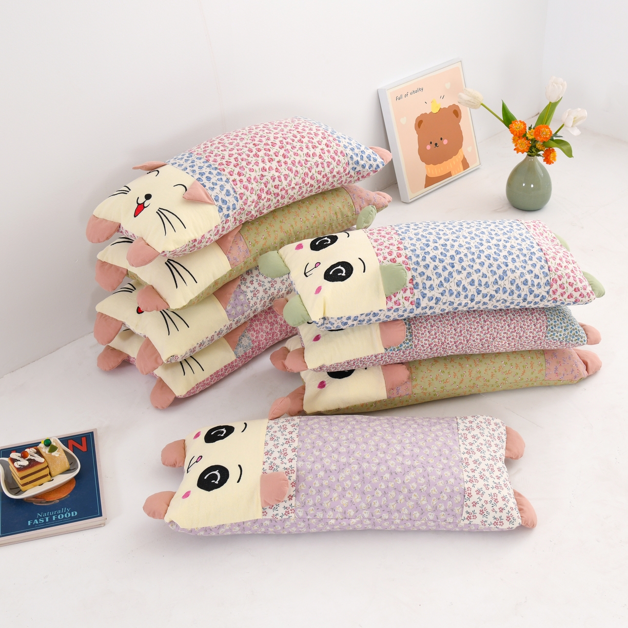 （总）2025新款卡通大脸猫-皮卡熊-枕芯全棉荞麦枕印花枕头学生护颈枕儿童枕头