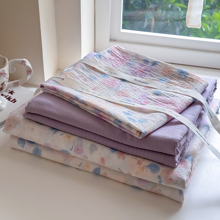 91家纺网 家纺一手货源 找家纺  （提供买家秀 爆款花型 不断货）2025新款超柔A类云感棉木棉双层纱四件套 时间画报