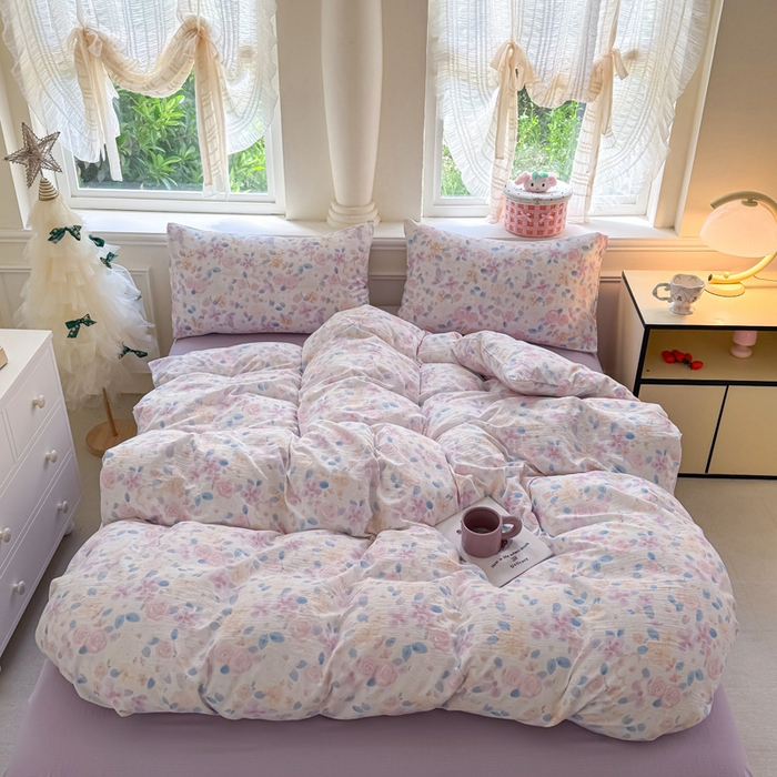 91家纺网 家纺一手货源 找家纺  （提供买家秀 爆款花型 不断货）2025新款超柔A类云感棉木棉双层纱四件套 时间画报