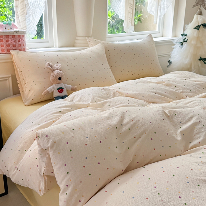 91家纺网 家纺一手货源 找家纺  （提供买家秀 爆款花型 不断货）2025新款超柔A类云感棉木棉双层纱四件套 波点世界