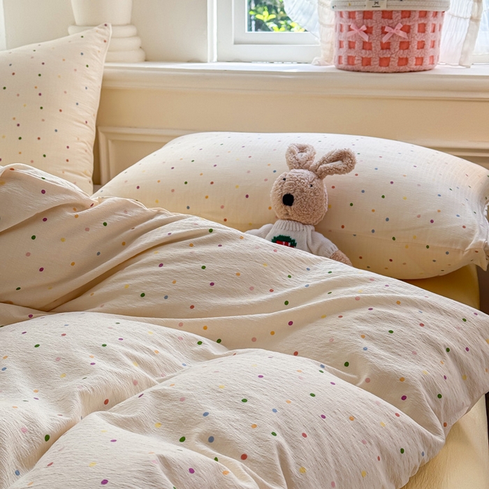 91家纺网 家纺一手货源 找家纺  （提供买家秀 爆款花型 不断货）2025新款超柔A类云感棉木棉双层纱四件套 波点世界