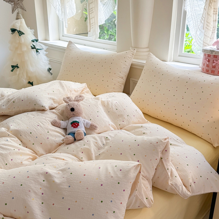 91家纺网 家纺一手货源 找家纺  （提供买家秀 爆款花型 不断货）2025新款超柔A类云感棉木棉双层纱四件套 波点世界